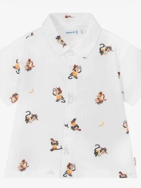 Mayoral White Short-Sleeve Button-Up Shirt with Monkey Print - Kids